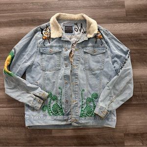 ZARA Denim Sherpa Collar Embroidered Jacket